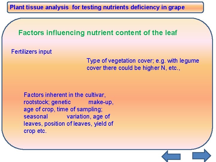 Plant tissue analysis for testing nutrients deficiency in grape Factors influencing nutrient content of Plant tissue analysis for testing nutrients deficiency in grape Factors influencing nutrient content of