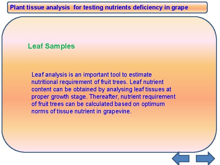 Plant tissue analysis for testing nutrients deficiency in grape Leaf Samples Leaf analysis is Plant tissue analysis for testing nutrients deficiency in grape Leaf Samples Leaf analysis is