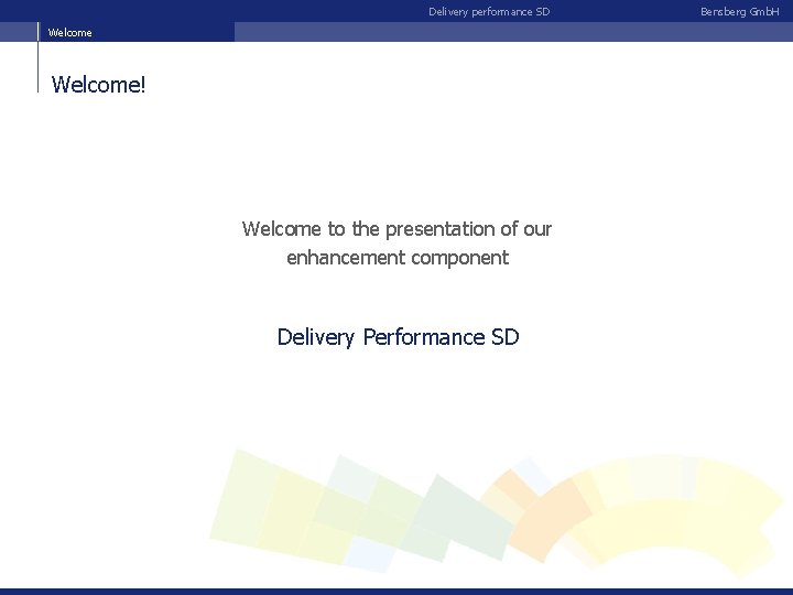 Delivery performance SD Welcome! Welcome to the presentation of our enhancement component Delivery Performance