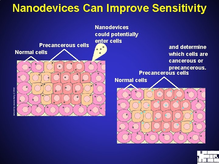 Nanodevices Can Improve Sensitivity Precancerous cells Normal cells Nanodevices could potentially enter cells and