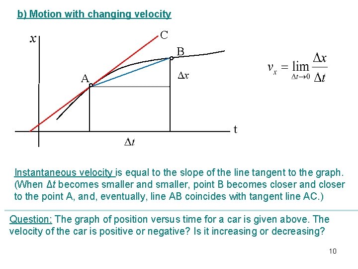 b) Motion with changing velocity C x B A t Instantaneous velocity is equal