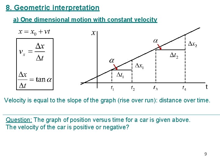 8. Geometric interpretation a) One dimensional motion with constant velocity t Velocity is equal
