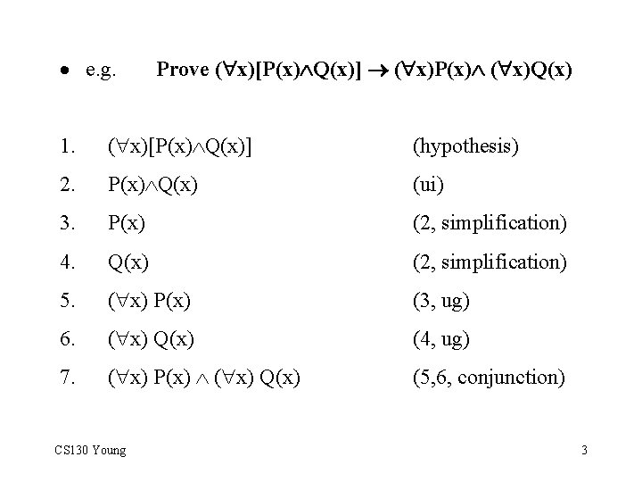 · e. g. Prove ( x)[P(x) Q(x)] ( x)P(x) ( x)Q(x) 1. ( x)[P(x)