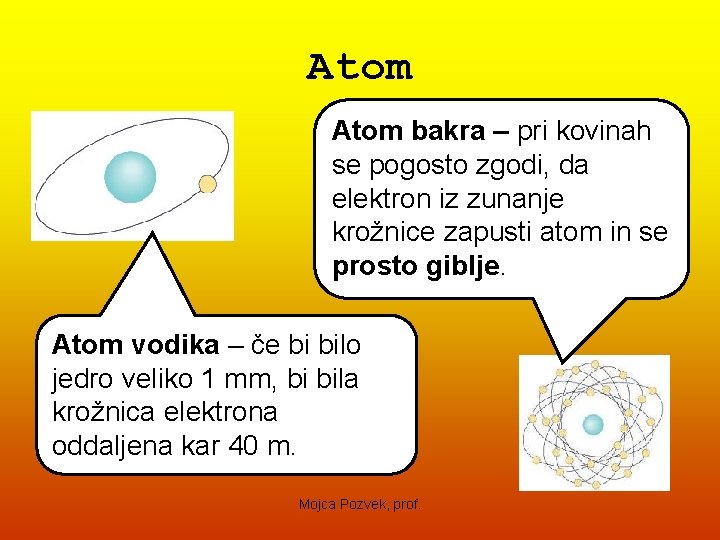 Atom bakra – pri kovinah se pogosto zgodi, da elektron iz zunanje krožnice zapusti