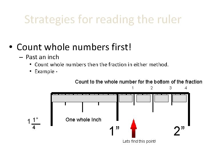 Strategies for reading the ruler • Count whole numbers first! – Past an inch