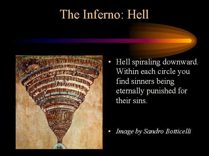 The Inferno: Hell • Hell spiraling downward. Within each circle you find sinners being