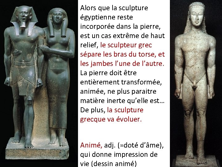Alors que la sculpture égyptienne reste incorporée dans la pierre, est un cas extrême