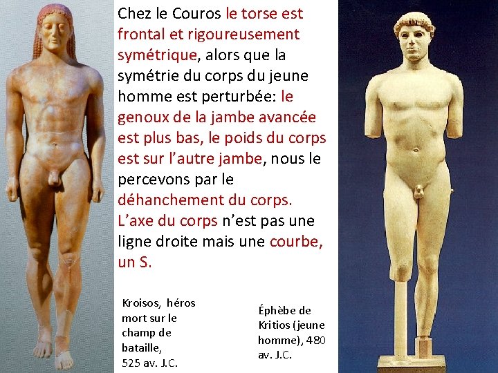 Chez le Couros le torse est frontal et rigoureusement symétrique, alors que la symétrie