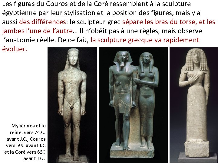 Les figures du Couros et de la Coré ressemblent à la sculpture égyptienne par