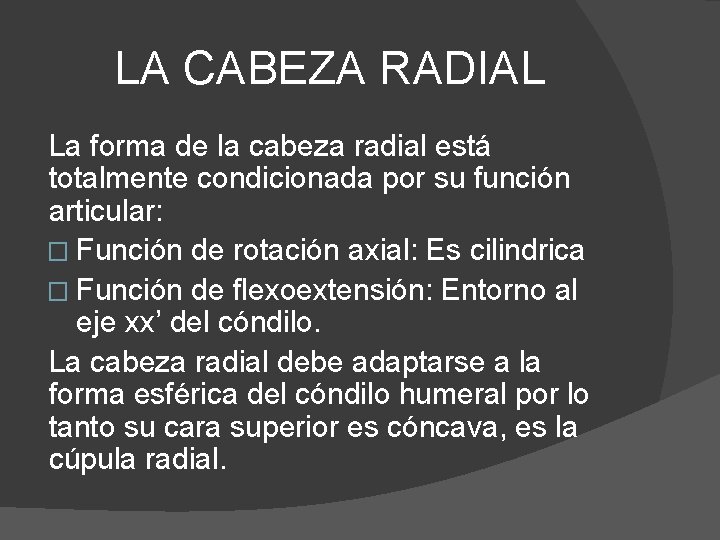 LA CABEZA RADIAL La forma de la cabeza radial está totalmente condicionada por su