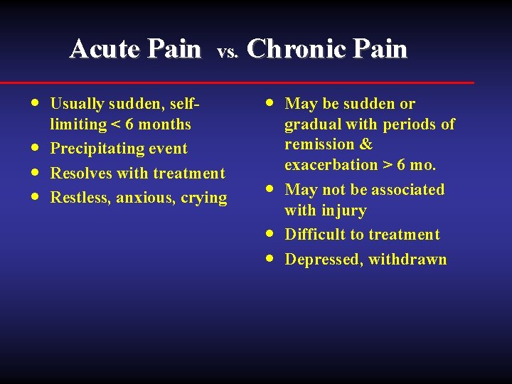 Acute Pain vs. · Usually sudden, self· · · limiting < 6 months Precipitating