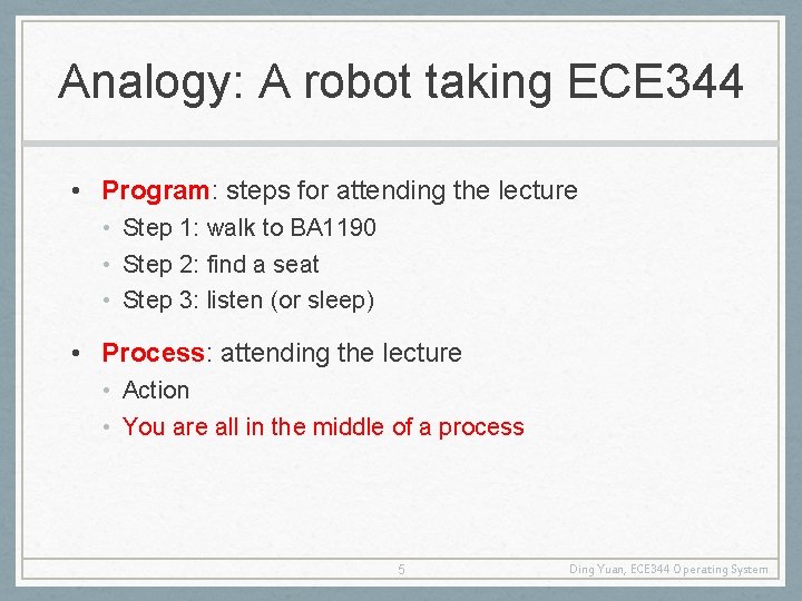 Analogy: A robot taking ECE 344 • Program: steps for attending the lecture •