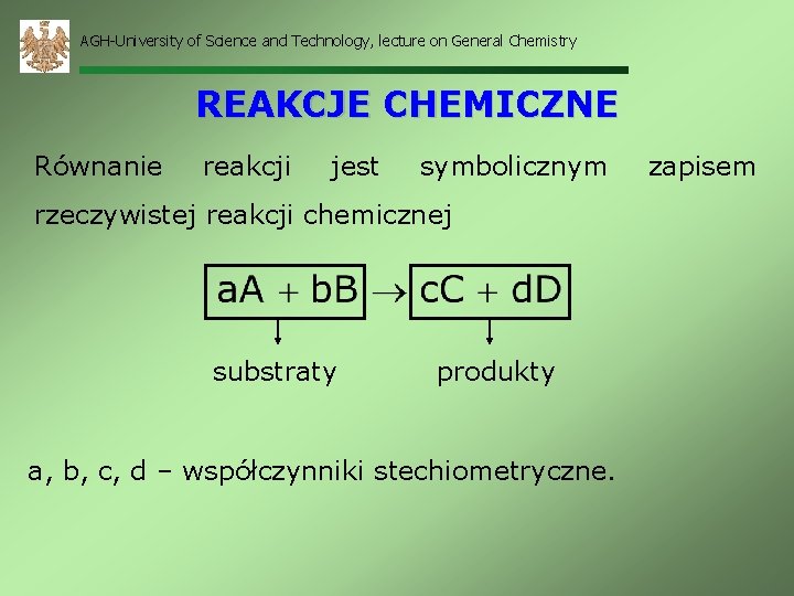 AGH-University of Science and Technology, lecture on General Chemistry REAKCJE CHEMICZNE Równanie reakcji jest