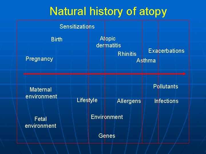 Natural history of atopy Sensitizations Birth Atopic dermatitis Pregnancy Maternal environment Fetal environment Exacerbations
