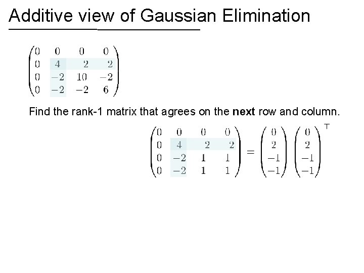 Additive view of Gaussian Elimination Find the rank-1 matrix that agrees on the next