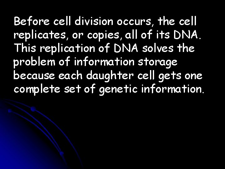 Before cell division occurs, the cell replicates, or copies, all of its DNA. This