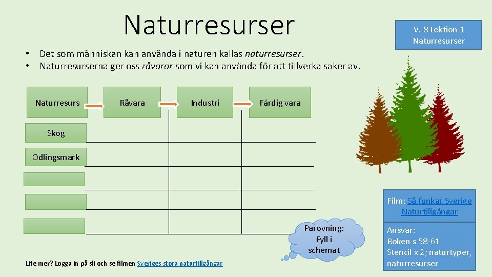 Naturresurser V. 8 Lektion 1 Naturresurser • Det som människan använda i naturen kallas
