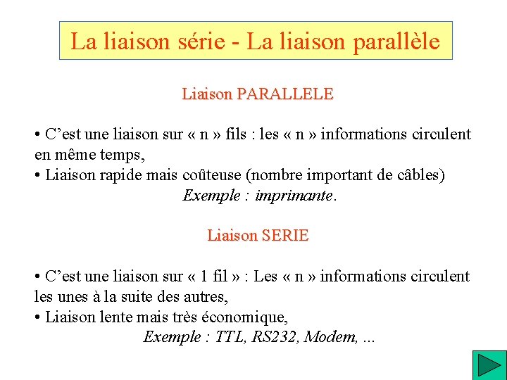 La liaison série - La liaison parallèle Liaison PARALLELE • C’est une liaison sur