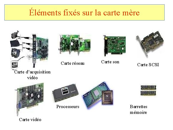 Éléments fixés sur la carte mère Carte réseau Carte son Carte SCSI Carte d’acquisition