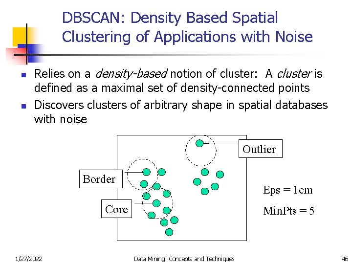 DBSCAN: Density Based Spatial Clustering of Applications with Noise n n Relies on a