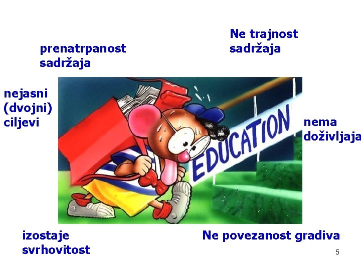 prenatrpanost sadržaja nejasni (dvojni) ciljevi izostaje svrhovitost Ne trajnost sadržaja nema doživljaja Ne povezanost