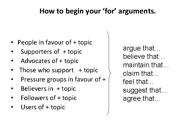 How to begin your ‘for’ arguments. • People in favour of + topic •