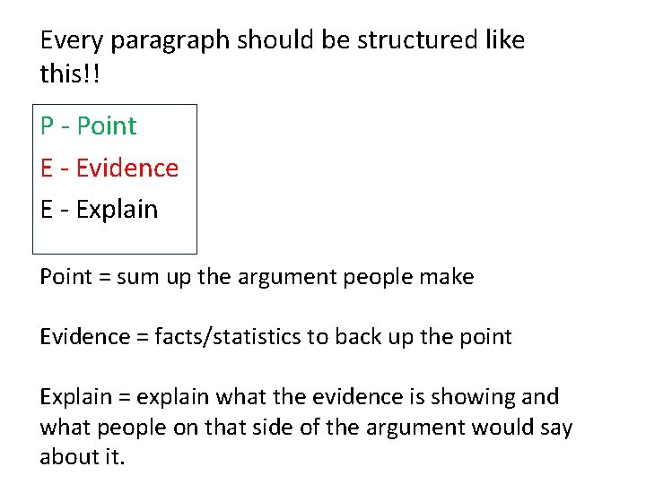 Every paragraph should be structured like this!! P - Point E - Evidence E