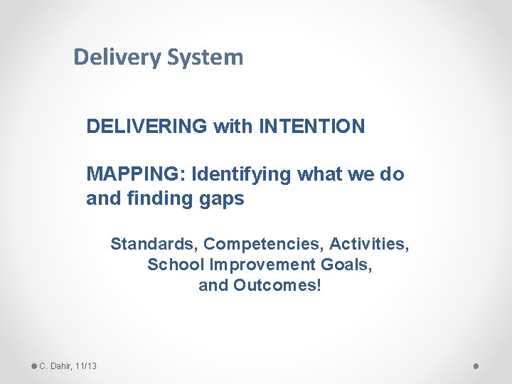 Delivery System DELIVERING with INTENTION MAPPING: Identifying what we do and finding gaps Standards,