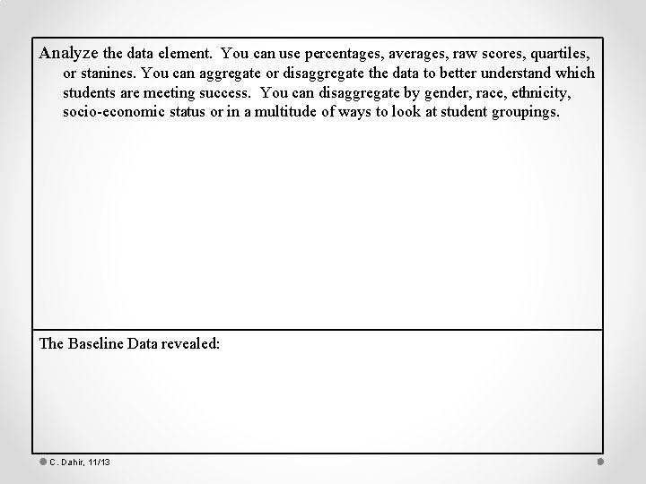 Analyze the data element. You can use percentages, averages, raw scores, quartiles, or stanines.