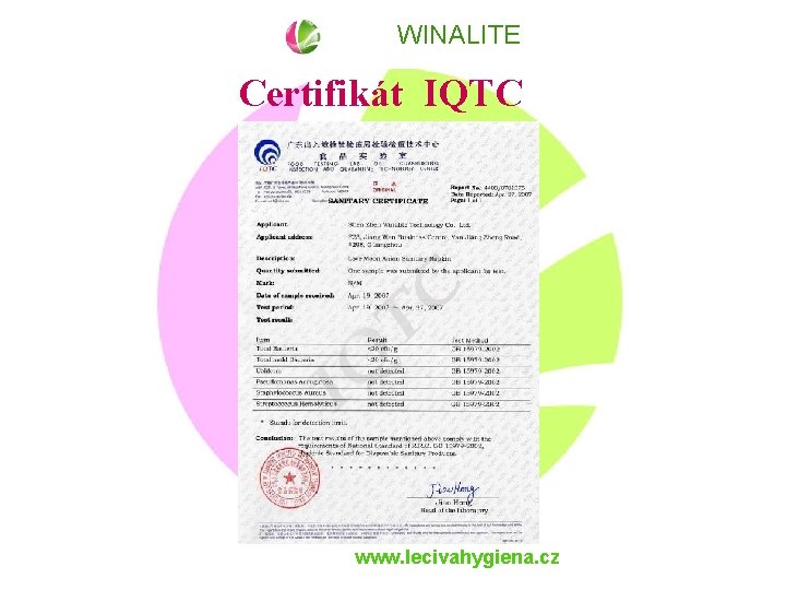 WINALITE Certifikát IQTC www. lecivahygiena. cz 