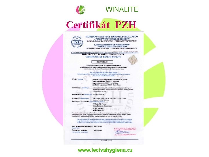 WINALITE Certifikát PZH www. lecivahygiena. cz 