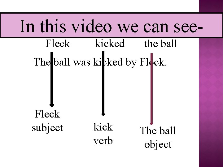 In this video we can see. Fleck kicked the ball The ball was kicked