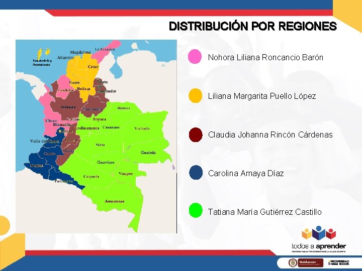 DISTRIBUCIÓN POR REGIONES Nohora Liliana Roncancio Barón Liliana Margarita Puello López Claudia Johanna Rincón