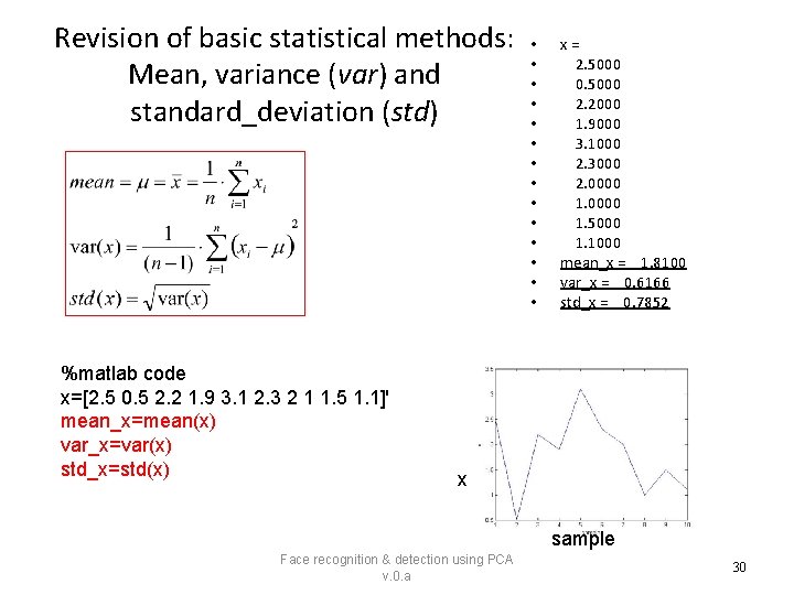 Revision of basic statistical methods: Mean, variance (var) and standard_deviation (std) %matlab code x=[2.