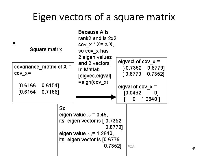 Eigen vectors of a square matrix • Square matrix covariance_matrix of X = cov_x=