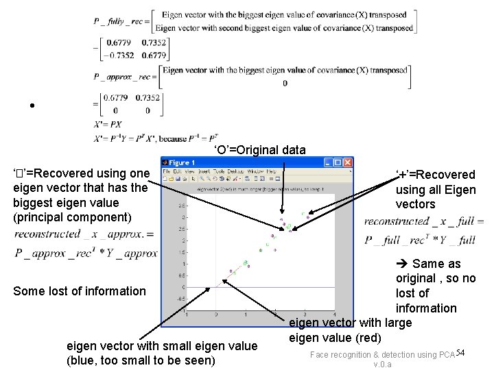  • ‘O’=Original data ‘�’=Recovered using one eigen vector that has the biggest eigen