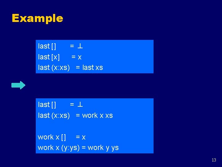 Example last [] =⊥ last [x] =x last (x: xs) = last xs last