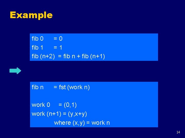 Example fib 0 =0 fib 1 =1 fib (n+2) = fib n + fib