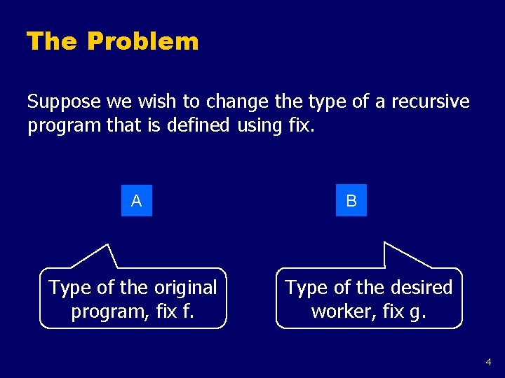 The Problem Suppose we wish to change the type of a recursive program that