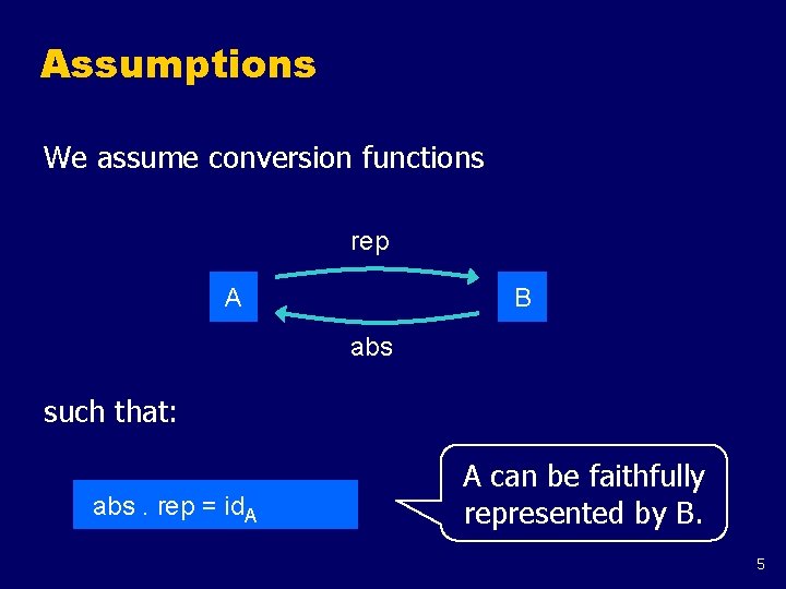 Assumptions We assume conversion functions rep A B abs such that: abs. rep =