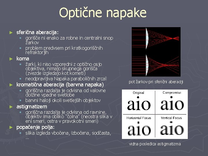 Optične napake ► sferična aberacija: ► koma ► kromatična aberacija (barvna napaka) ► astigmatizem