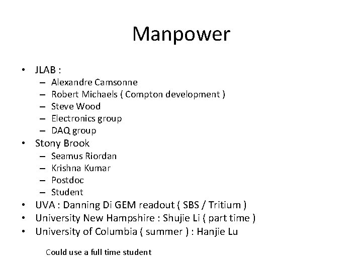Manpower • JLAB : – – – Alexandre Camsonne Robert Michaels ( Compton development