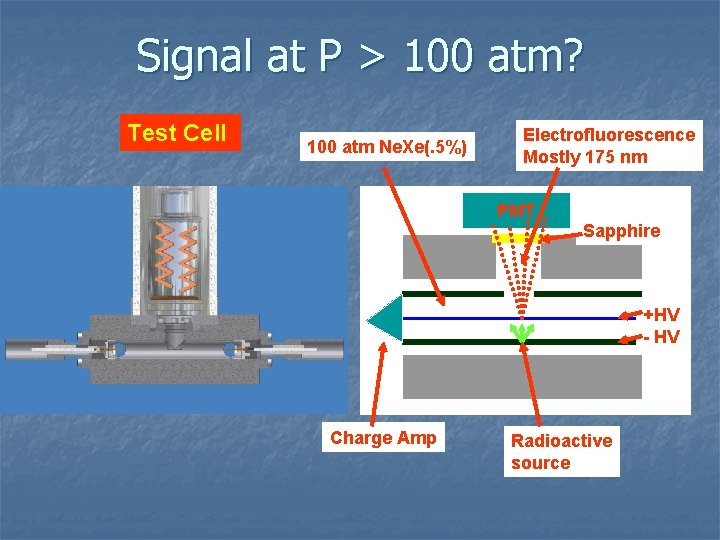 Signal at P > 100 atm? Test Cell 100 atm Ne. Xe(. 5%) Electrofluorescence