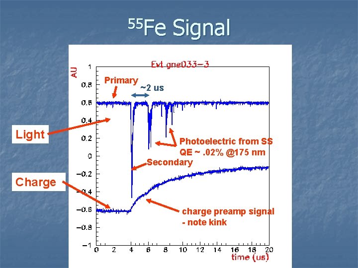 55 Fe Primary Light Signal ~2 us Photoelectric from SS QE ~. 02% @175