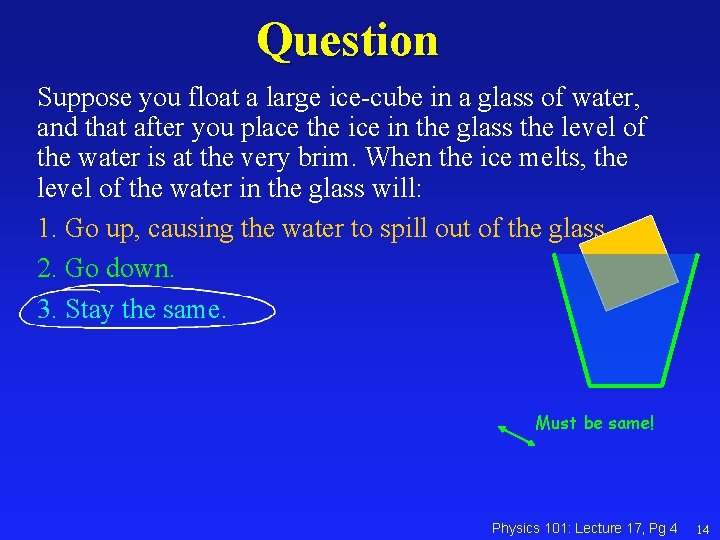 Question Suppose you float a large ice-cube in a glass of water, and that