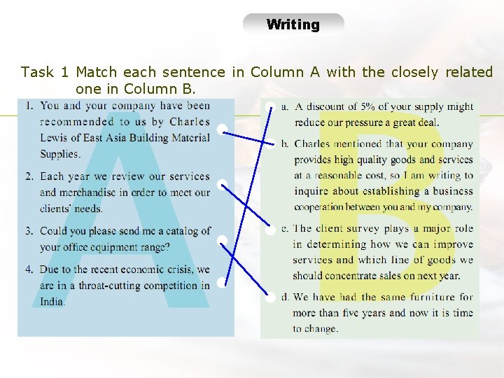 Writing WTask 1 Match each sentence in Column A with the closely related one
