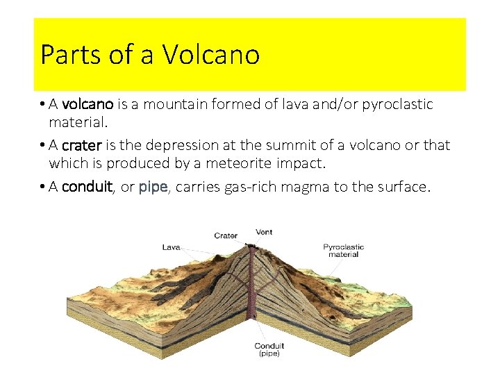 Parts of a Volcano • A volcano is a mountain formed of lava and/or