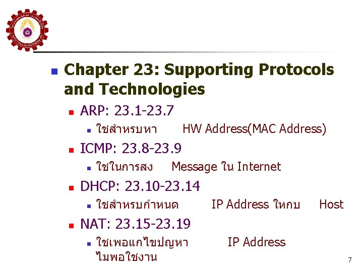 n Chapter 23: Supporting Protocols and Technologies n ARP: 23. 1 -23. 7 n