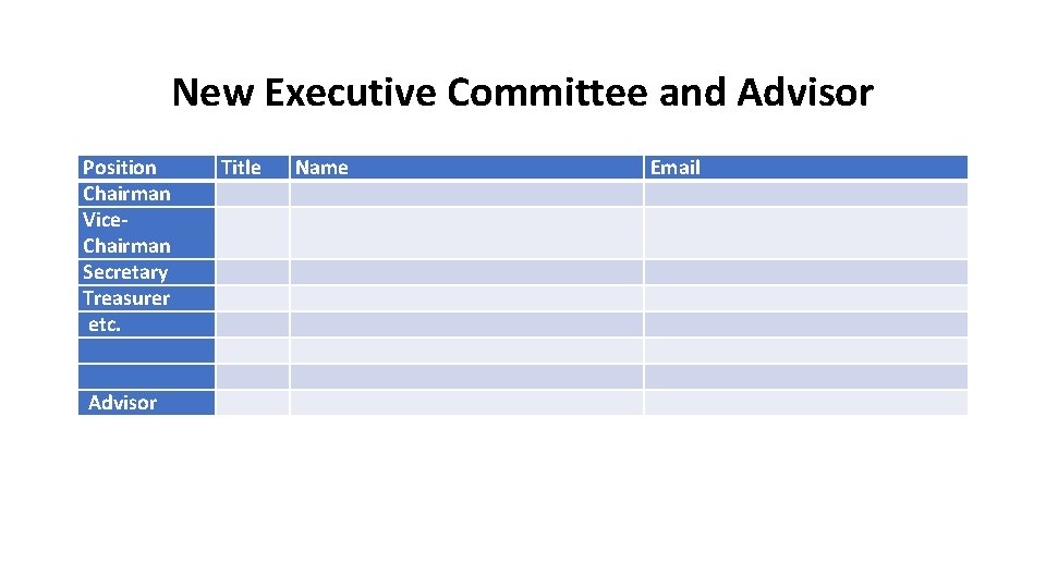 New Executive Committee and Advisor Position Chairman Vice. Chairman Secretary Treasurer etc. Advisor Title