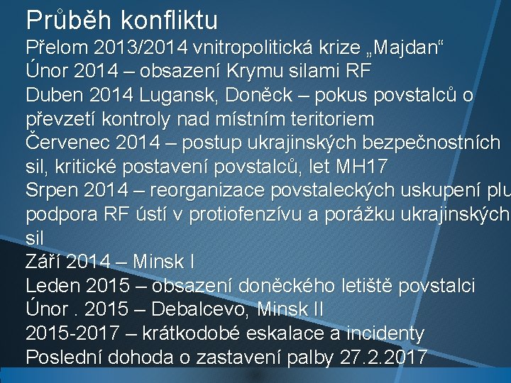 Průběh konfliktu Přelom 2013/2014 vnitropolitická krize „Majdan“ Únor 2014 – obsazení Krymu silami RF